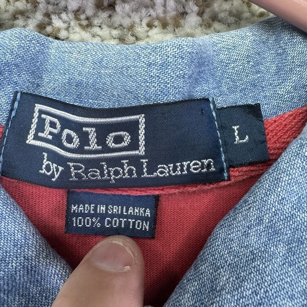 Vintage 90s Polo Ralph Lauren Polo Shirt Men's Size Large Red Denim Collar Rugby